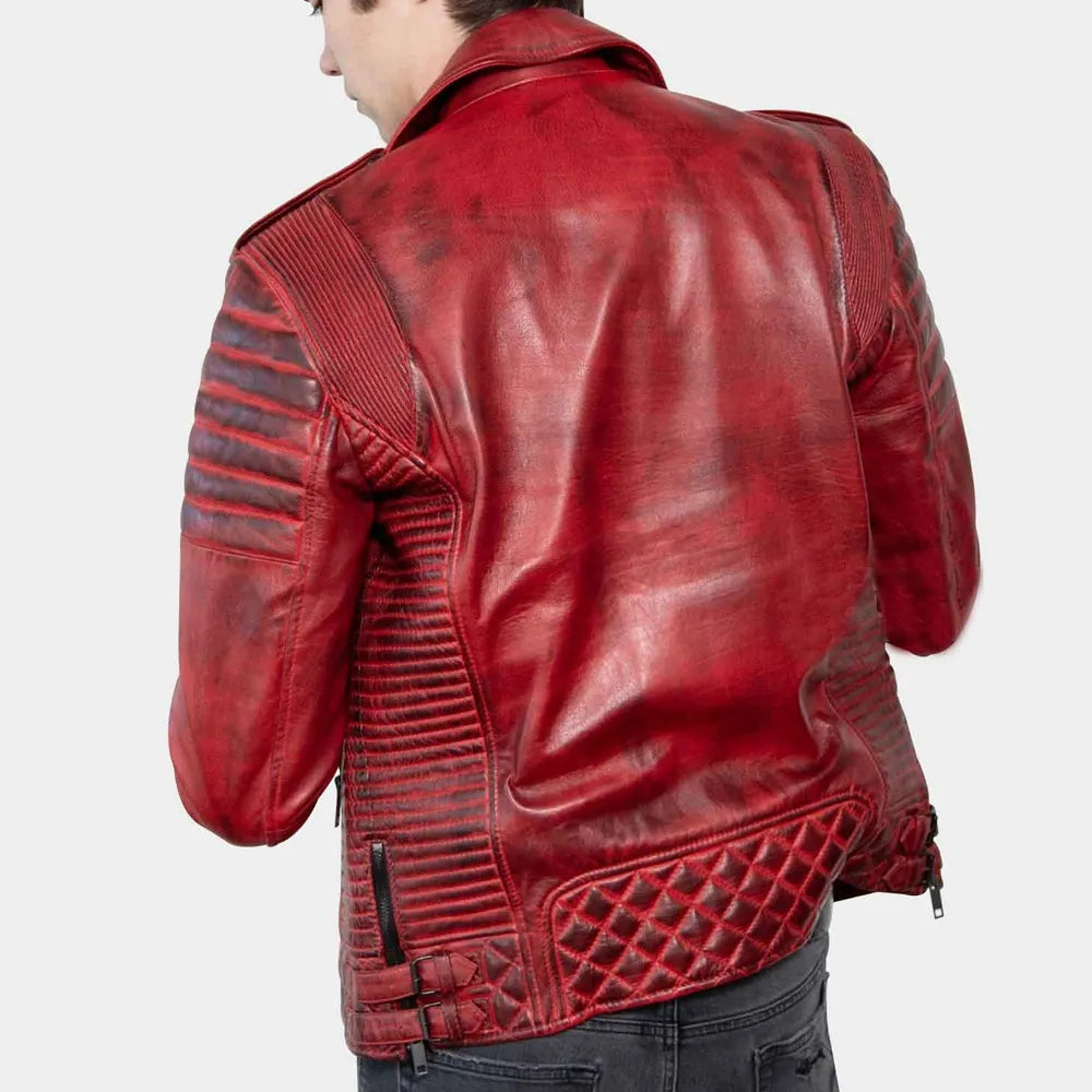 Men’s Red Padded Leather Biker Jacket